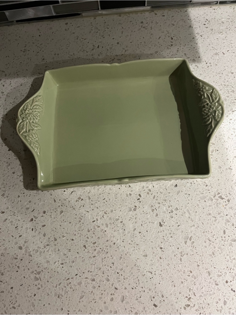 Green Ceramic Serving Baker - Elegant Floral-Handled Casserole